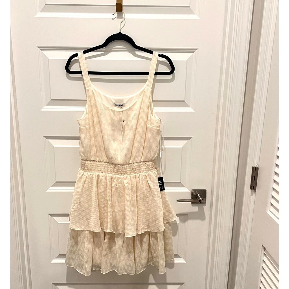 Express Cream Tiered Mini Dress M | Cottagecore Romantic, Beach, Brunch | NWT